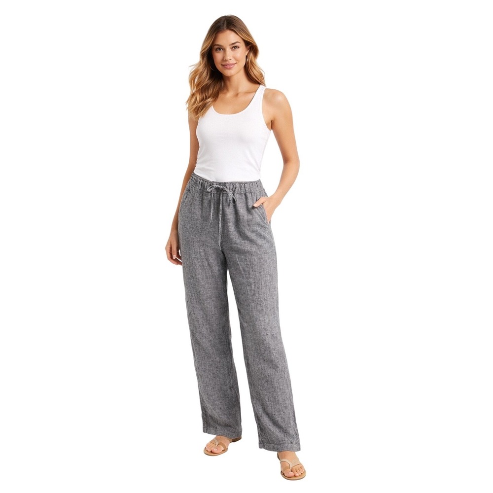 Vince Camuto Linen Drawstring Waist Wide Leg Pants Gray L Resortwear 81-42